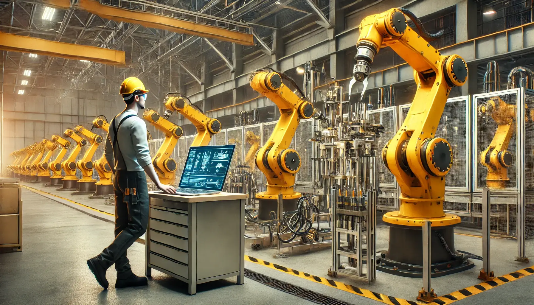 DALL·E 2025 04 14 14.56.44 A factory setting with a focus on industrial automation. The scene features multiple yellow robotic arms working on an assembly line with a human eng